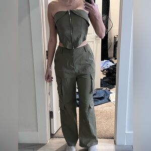 Olive Green Cargo Jumpsuit Pants - Versatile Women's Utility Style